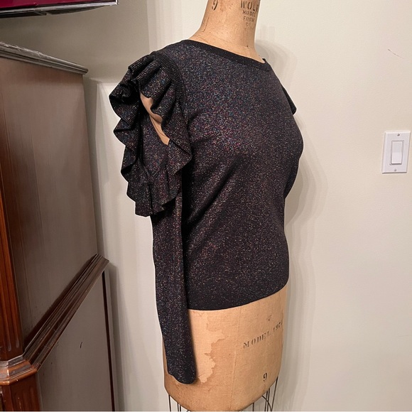 Sunset + Spring Metallic Ruffed Cold Shoulder Sweater Top - Picture 3 of 7